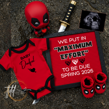 Digital Deadpool Maximum Effort Pregnancy Announcement, Customizable Superhero Themed, Personalized Editable Template TailoredTreasuresDigitalDesigns™