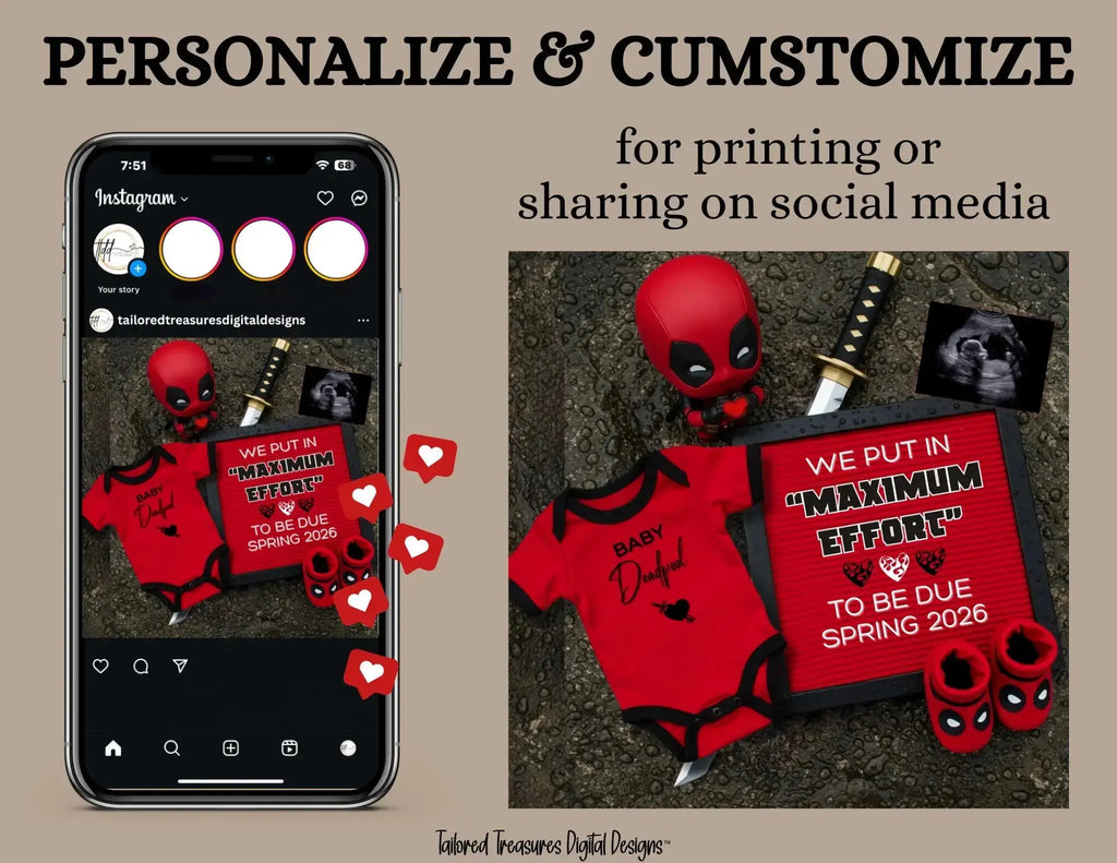 Digital Deadpool Maximum Effort Pregnancy Announcement, Customizable Superhero Themed, Personalized Editable Template TailoredTreasuresDigitalDesigns™