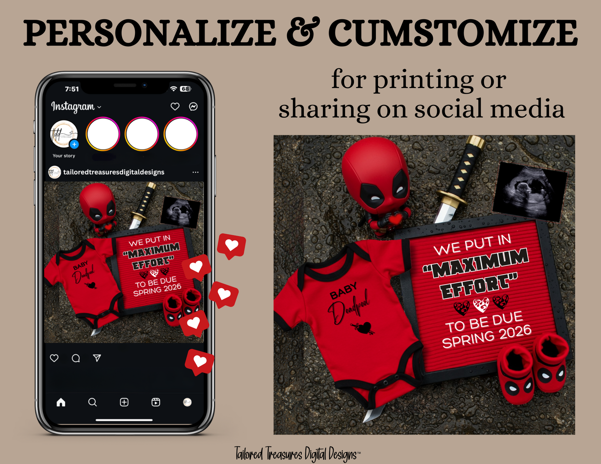 Digital Deadpool Maximum Effort Pregnancy Announcement, Customizable Superhero Themed, Personalized Editable Template TailoredTreasuresDigitalDesigns™