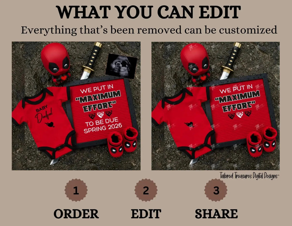 Digital Deadpool Maximum Effort Pregnancy Announcement, Customizable Superhero Themed, Personalized Editable Template TailoredTreasuresDigitalDesigns™