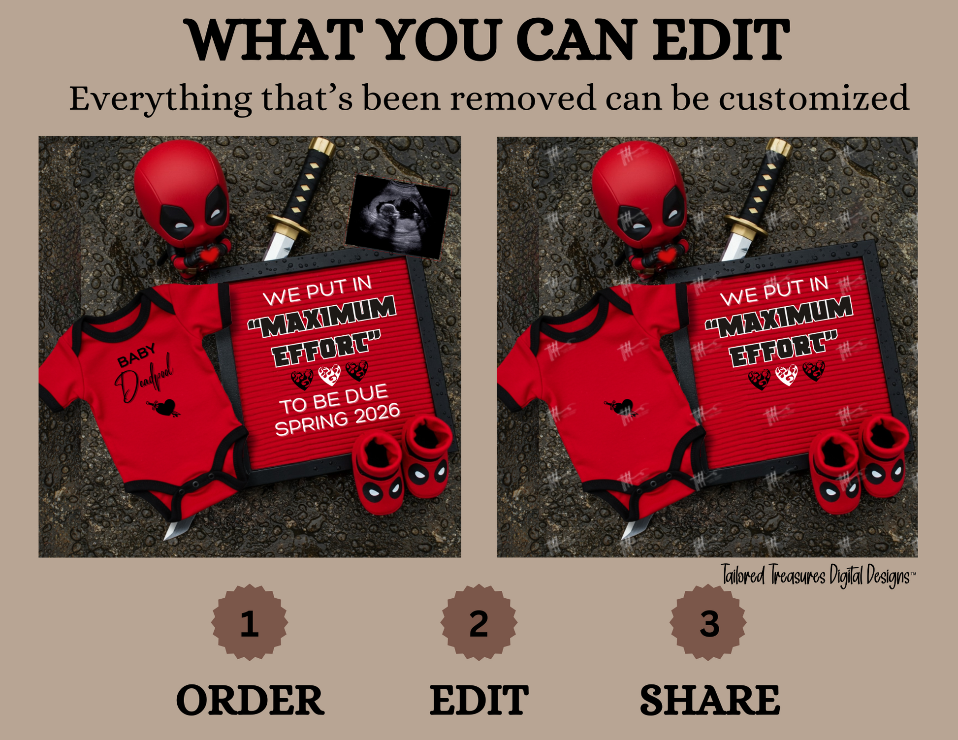 Digital Deadpool Maximum Effort Pregnancy Announcement, Customizable Superhero Themed, Personalized Editable Template TailoredTreasuresDigitalDesigns™