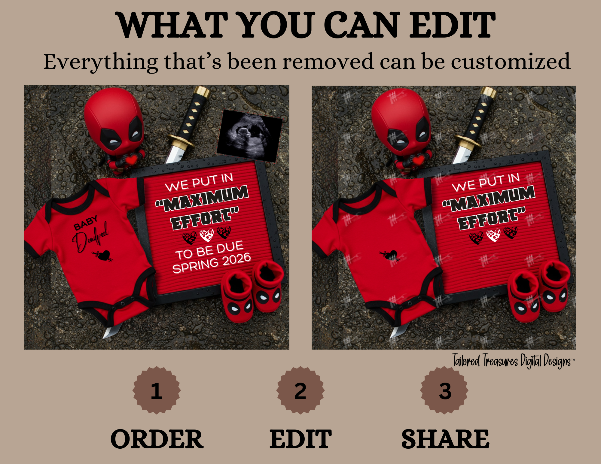 Digital Deadpool Maximum Effort Pregnancy Announcement, Customizable Superhero Themed, Personalized Editable Template TailoredTreasuresDigitalDesigns™