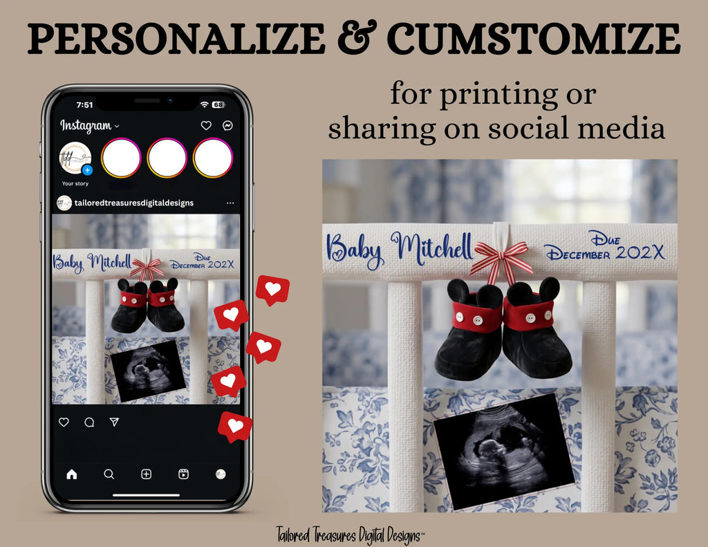 Disney Mickey Baby Boy Elegant Gender Reveal Announcement, Editable Instant Download Canva Template TailoredTreasuresDigitalDesigns™