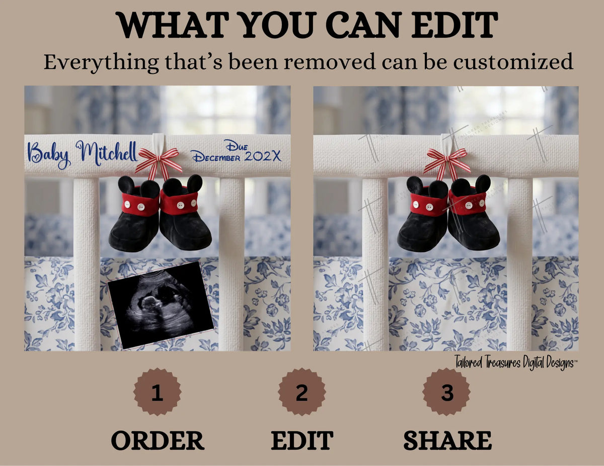 Disney Mickey Baby Boy Elegant Gender Reveal Announcement, Editable Instant Download Canva Template TailoredTreasuresDigitalDesigns™