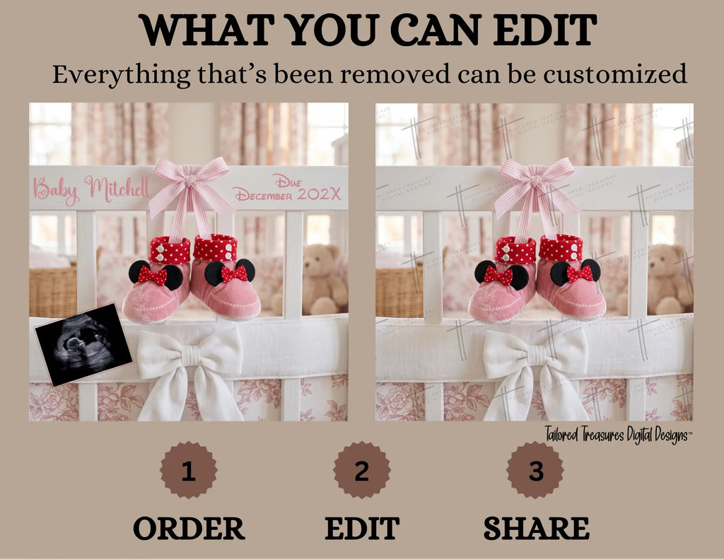 Disney Minnie Baby Girl Elegant Gender Reveal Announcement, Editable Instant Download Canva Template TailoredTreasuresDigitalDesigns™