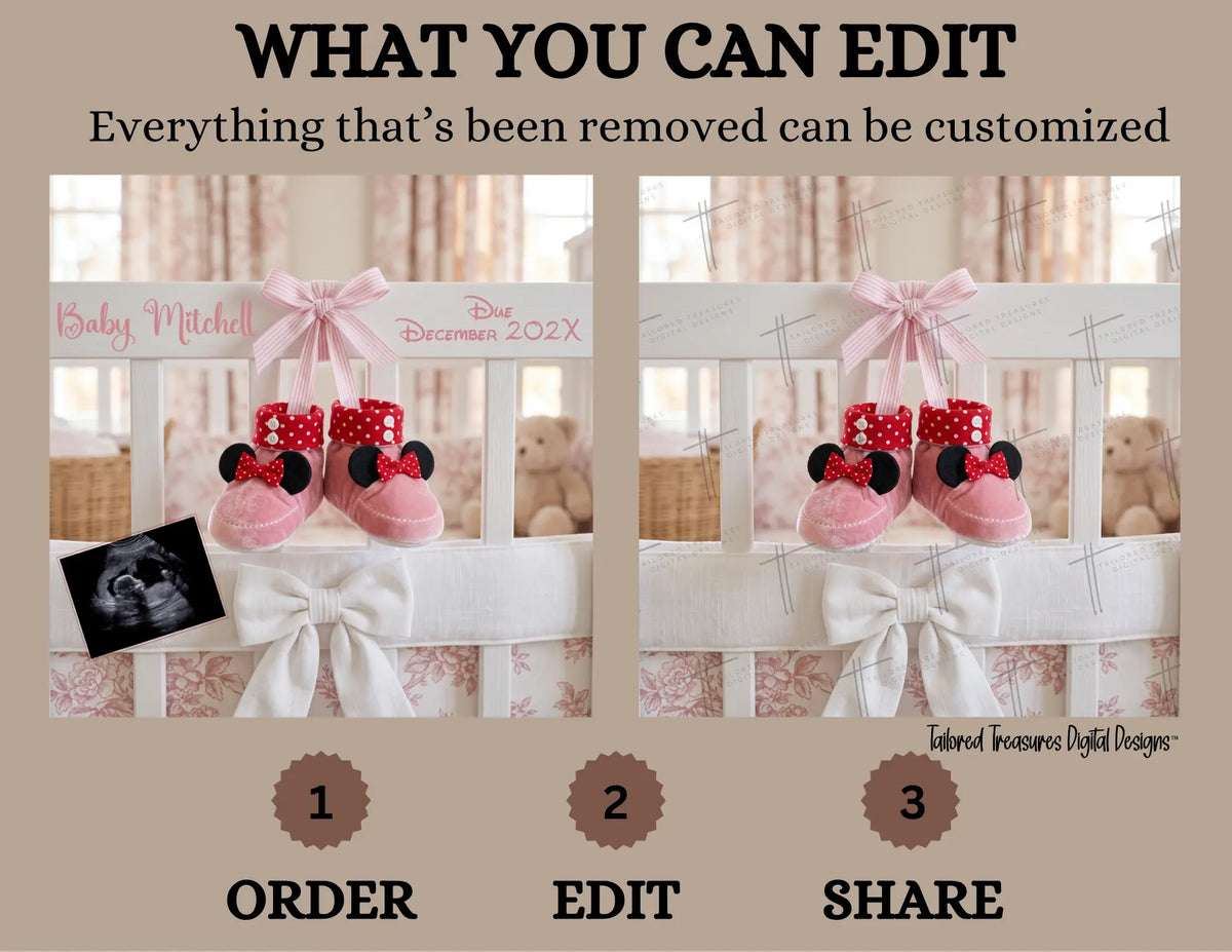 Disney Minnie Baby Girl Elegant Gender Reveal Announcement, Editable Instant Download Canva Template TailoredTreasuresDigitalDesigns™
