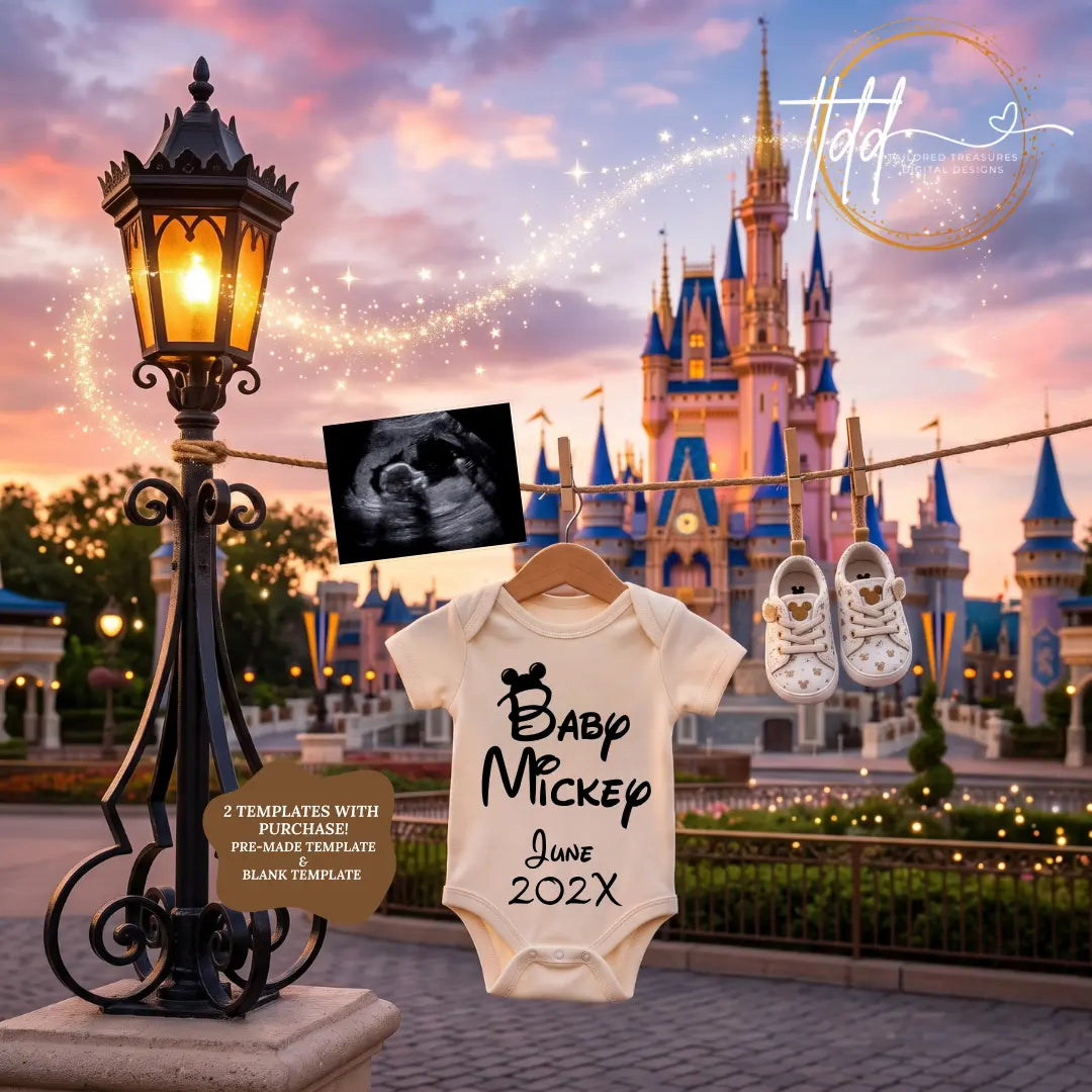 Disney Park Surname Digital Magical Pregnancy Announcement | Fully Editable Canva Template TailoredTreasuresDigitalDesigns™