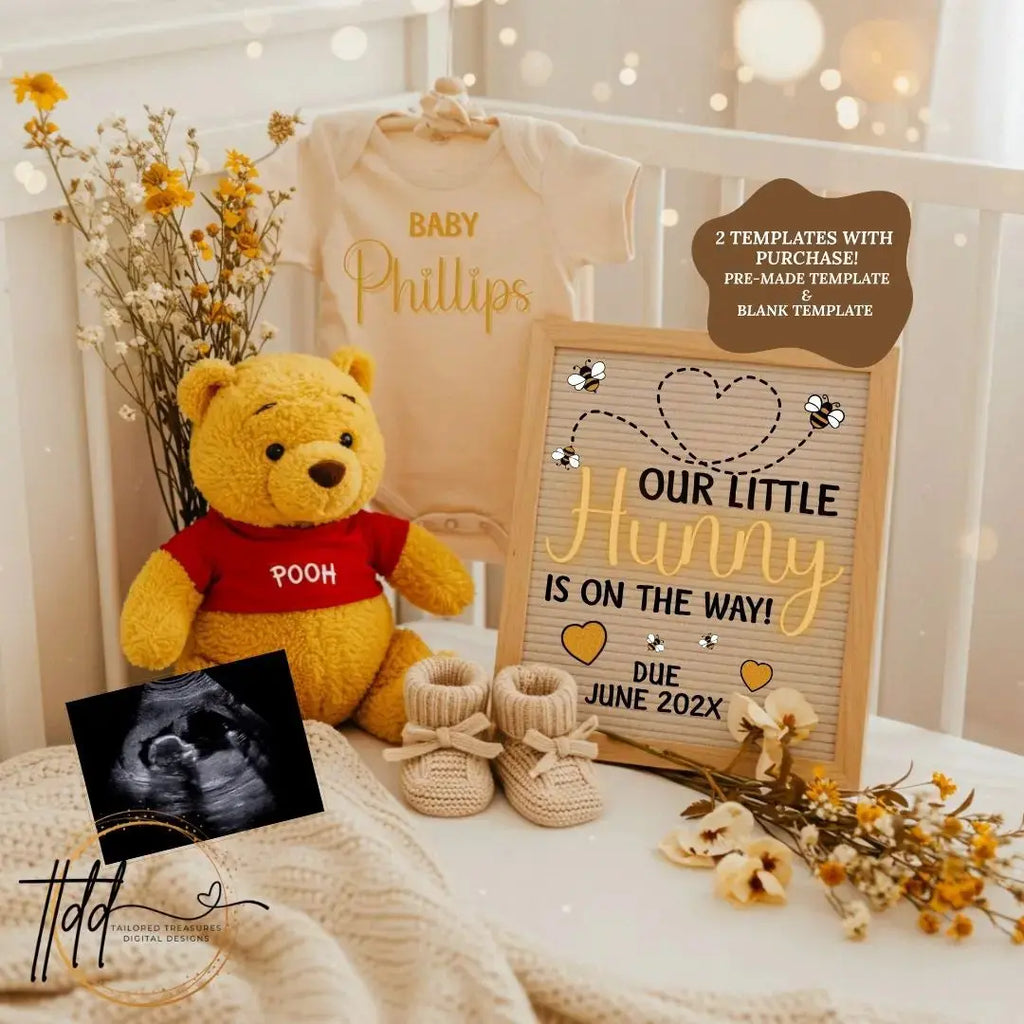 Disney Winnie The Pooh Editable Template, Our Little Hunny Is Due, Fully Customizable Digital Pregnancy Announcement TailoredTreasuresDigitalDesigns™