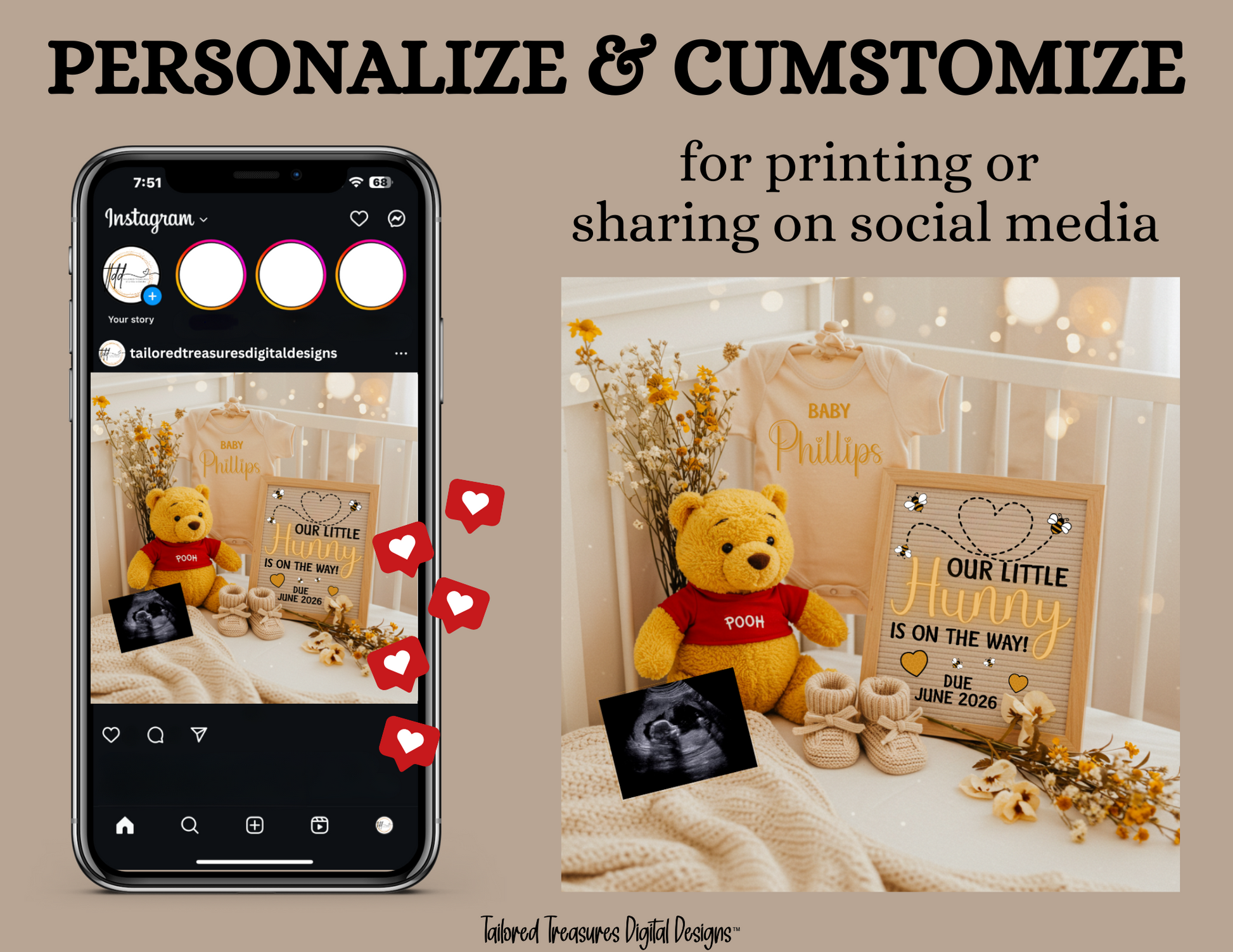 Phone screen with Instagram app and teddy bear with baby announcement sign on bed