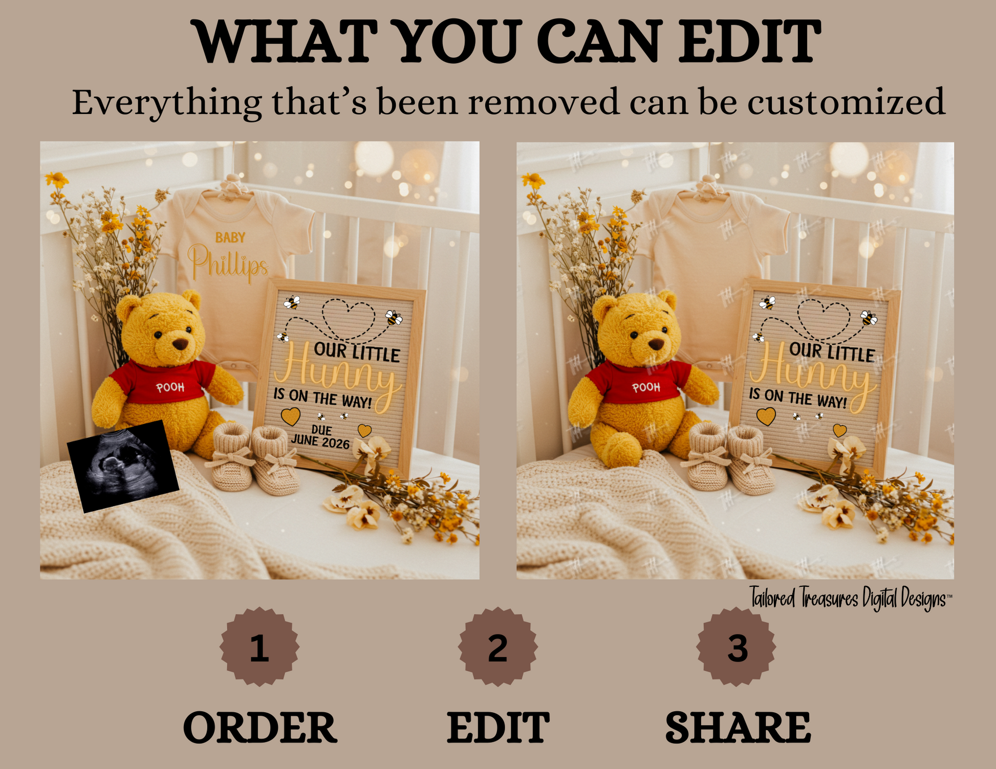 Digital design service offering customization of a baby announcement setup with a teddy bear and sign.