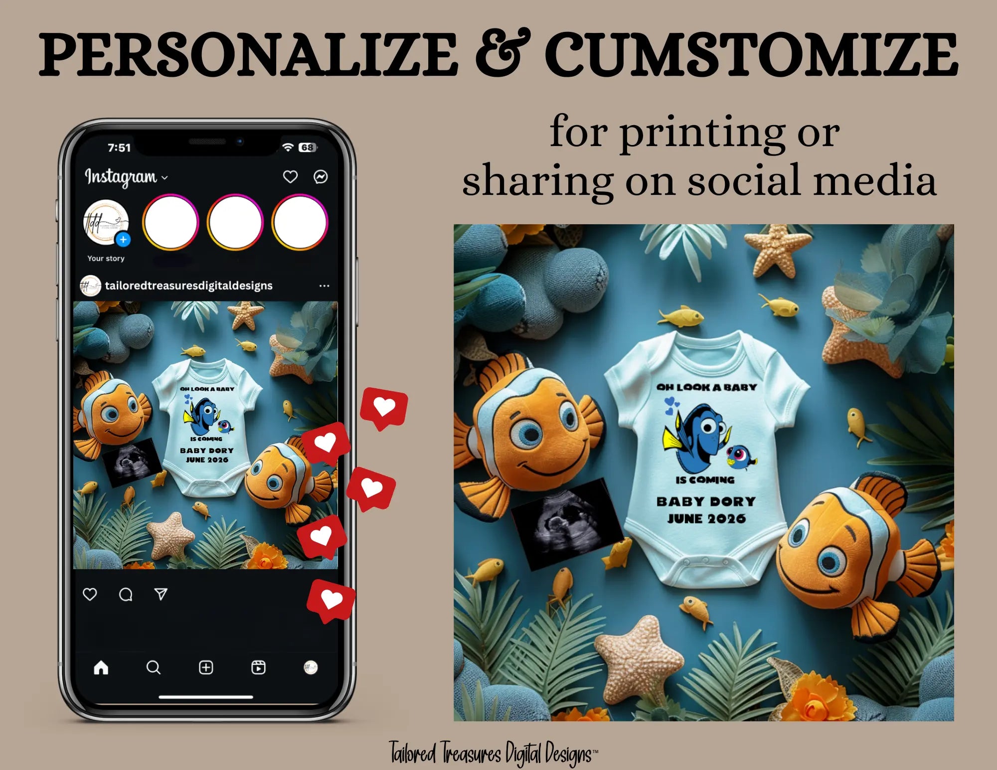 Digital Pregnancy Announcement, Oh Look A Baby, Customizable Finding Dory Themed, Personalized Editable Template TailoredTreasuresDigitalDesigns™