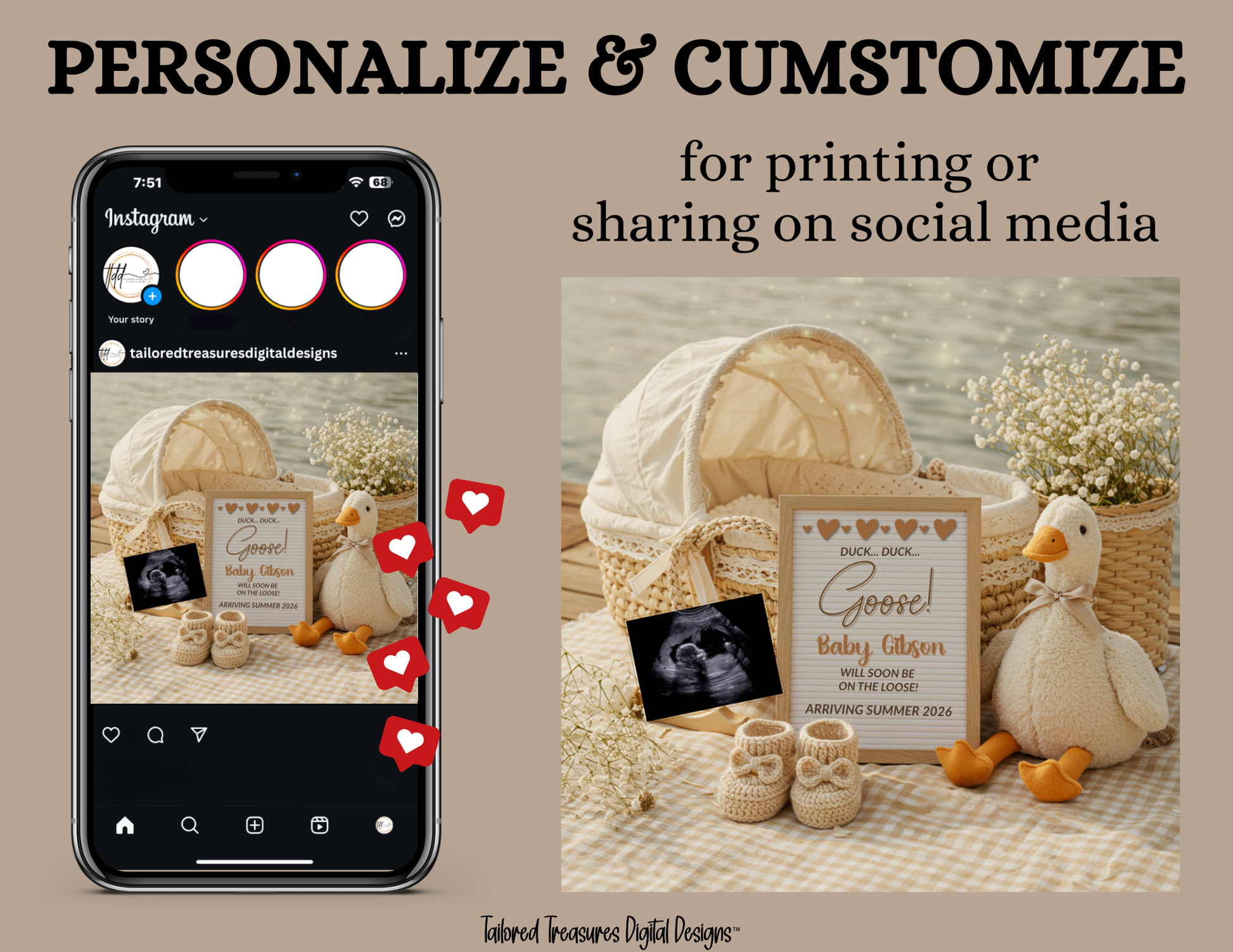 Phone screen with social media app and baby shower-themed items on a beige background