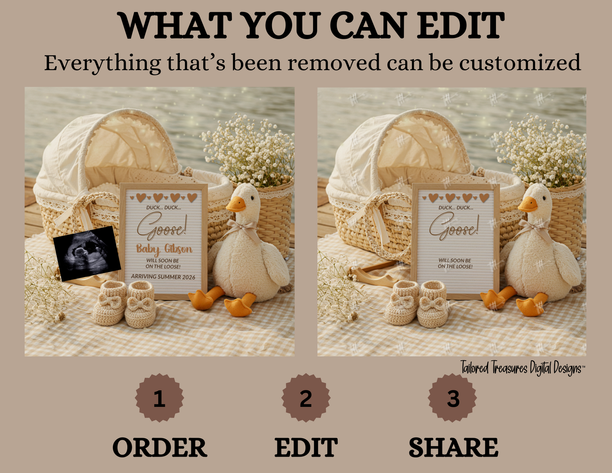 Product display with customizable elements on a beige background