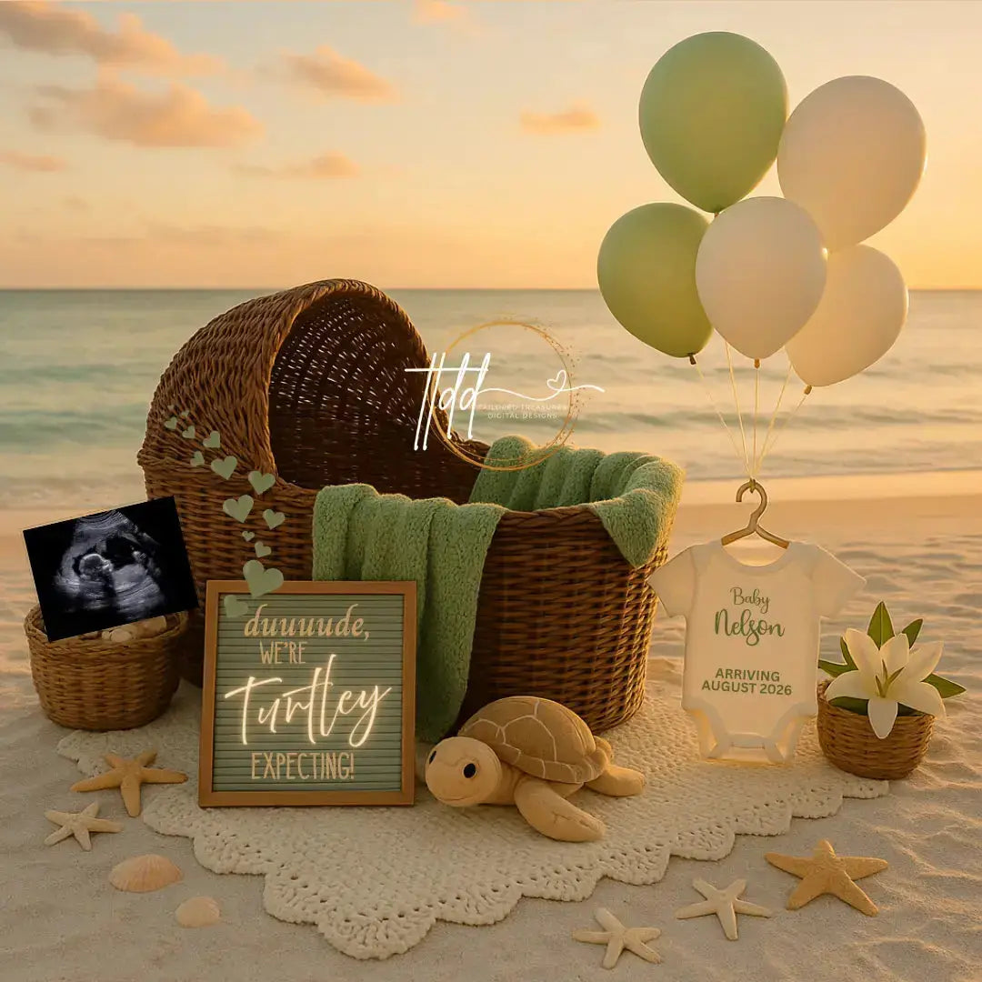 Dude We’re Turtley Expecting, Beach Digital Pregnancy Announcement, Sunset Summer Turtle Themed, Customizable Editable Template - TailoredTreasuresDigitalDesigns™