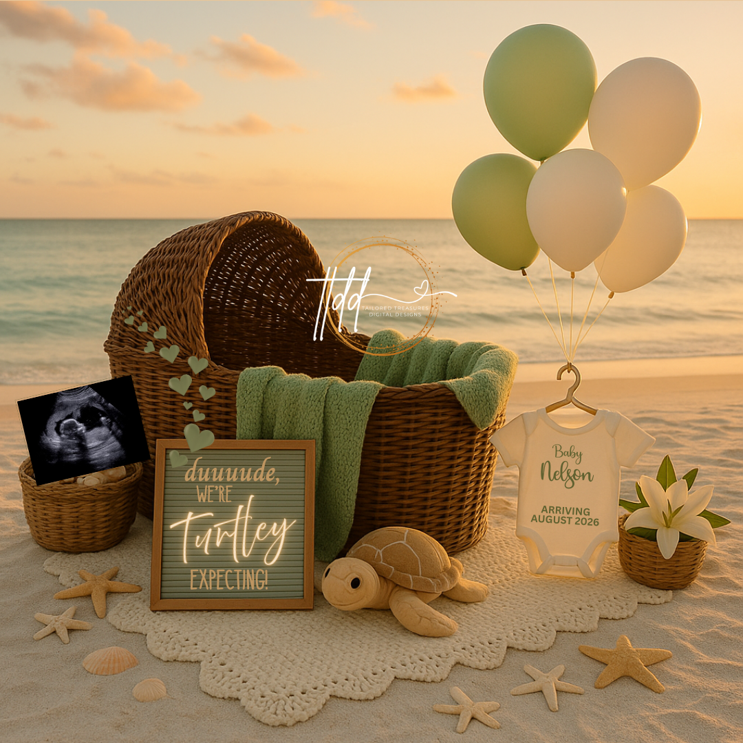 Baby reveal setup on a beach with balloons, basket, and baby announcement sign.