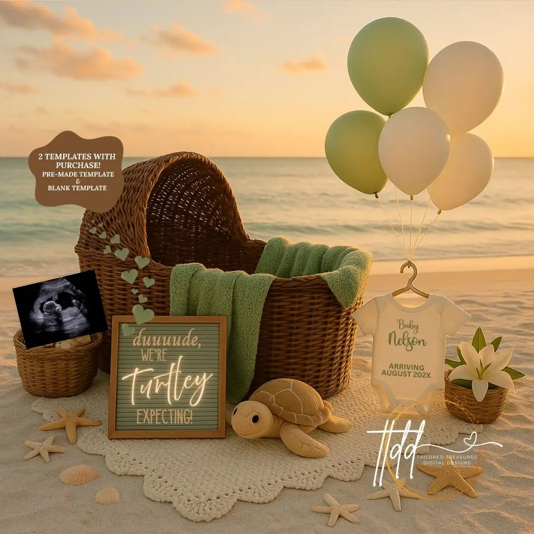 Dude We’re Turtley Expecting, Beach Digital Pregnancy Announcement, Sunset Summer Turtle Themed, Customizable Editable Template - TailoredTreasuresDigitalDesigns™