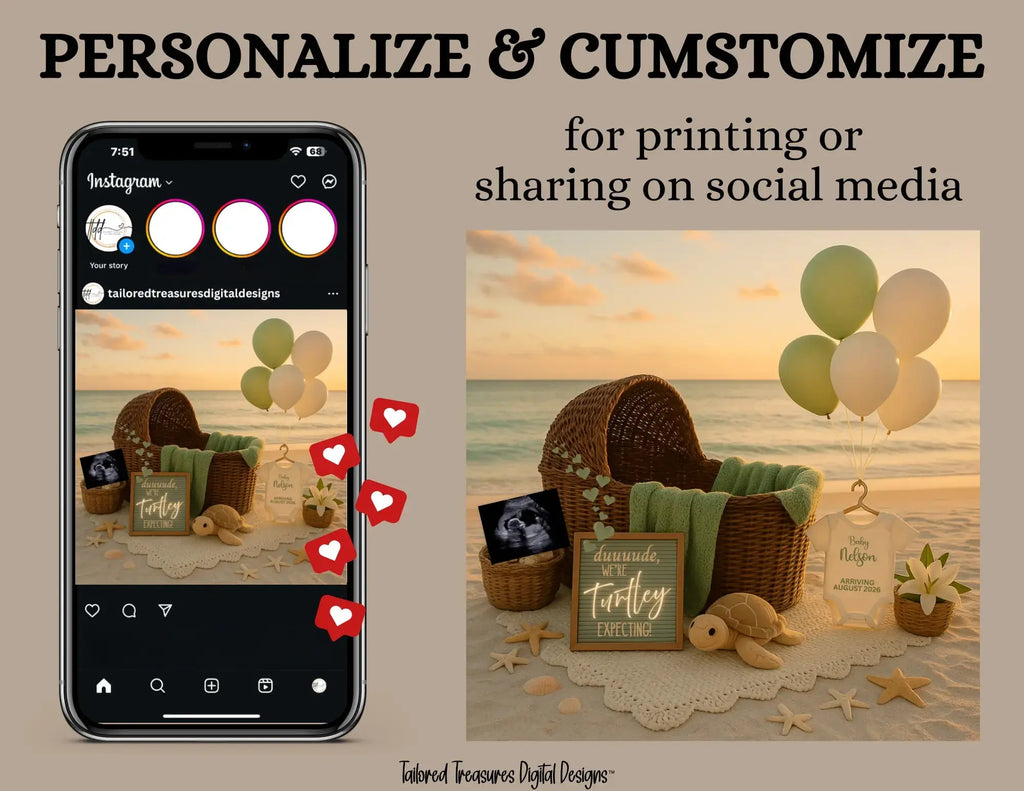 Dude We’re Turtley Expecting, Beach Digital Pregnancy Announcement, Sunset Summer Turtle Themed, Customizable Editable Template - TailoredTreasuresDigitalDesigns™
