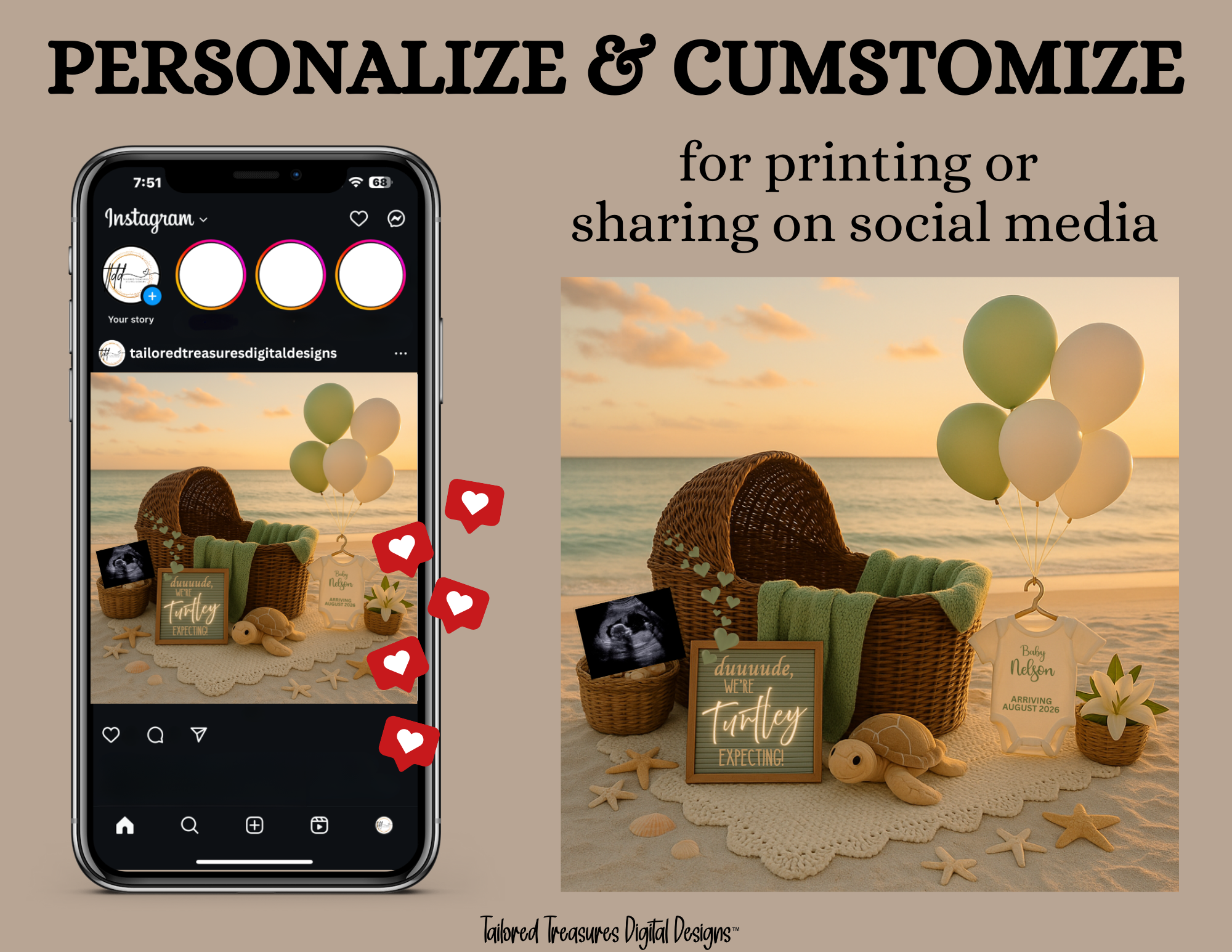 Phone screen with Instagram interface and beach scene with baby items and balloons.