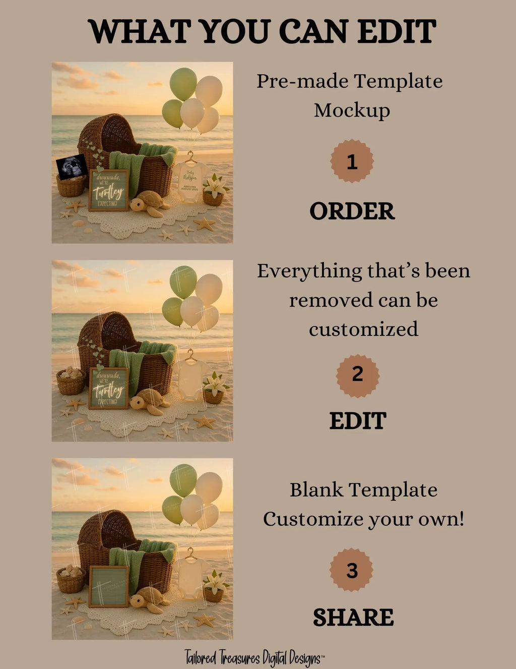 Beach Baby Reveal Digital Editable Template, Sunset Summer Turtle Themed Canva Template TailoredTreasuresDigitalDesigns™
