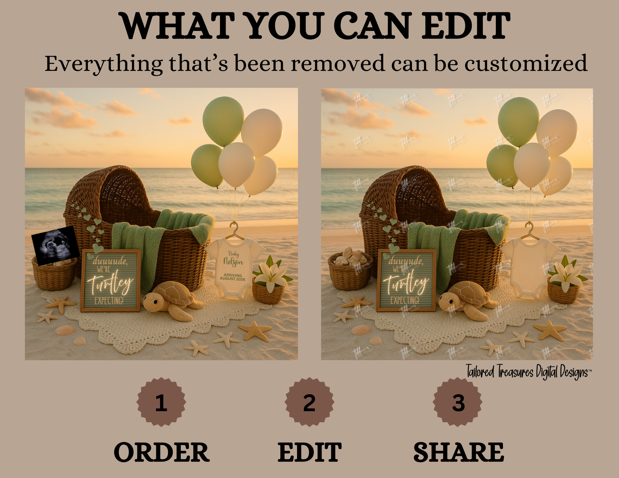 Digital design software interface showing a customizable beach scene with a crib, baby items, and balloons.