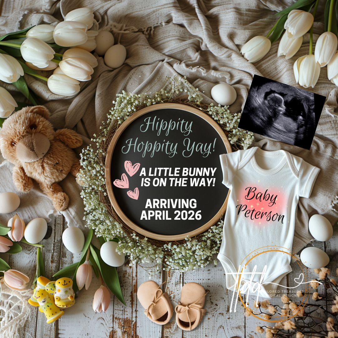 Digital Easter Pregnancy Announcement, A Little Bunny Is On The Way, Customizable Spring Themed, Personalized Editable Template TailoredTreasuresDigitalDesigns™