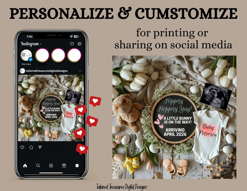 Digital Easter Pregnancy Announcement, A Little Bunny Is On The Way, Customizable Spring Themed, Personalized Editable Template TailoredTreasuresDigitalDesigns™