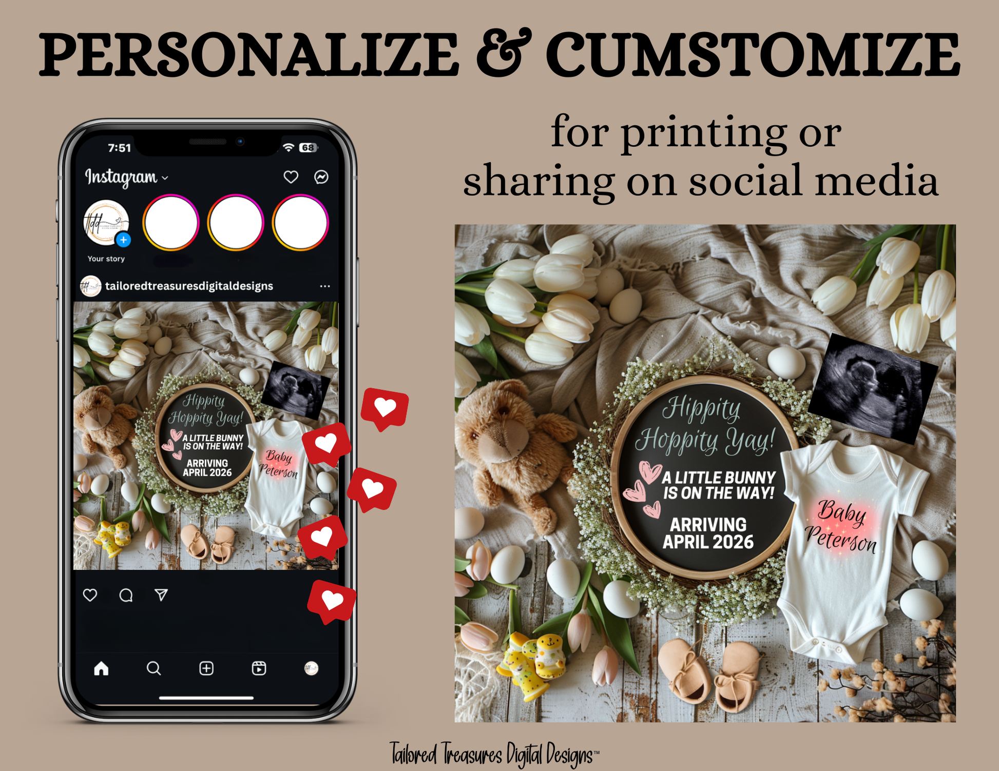 Digital Easter Pregnancy Announcement, A Little Bunny Is On The Way, Customizable Spring Themed, Personalized Editable Template TailoredTreasuresDigitalDesigns™