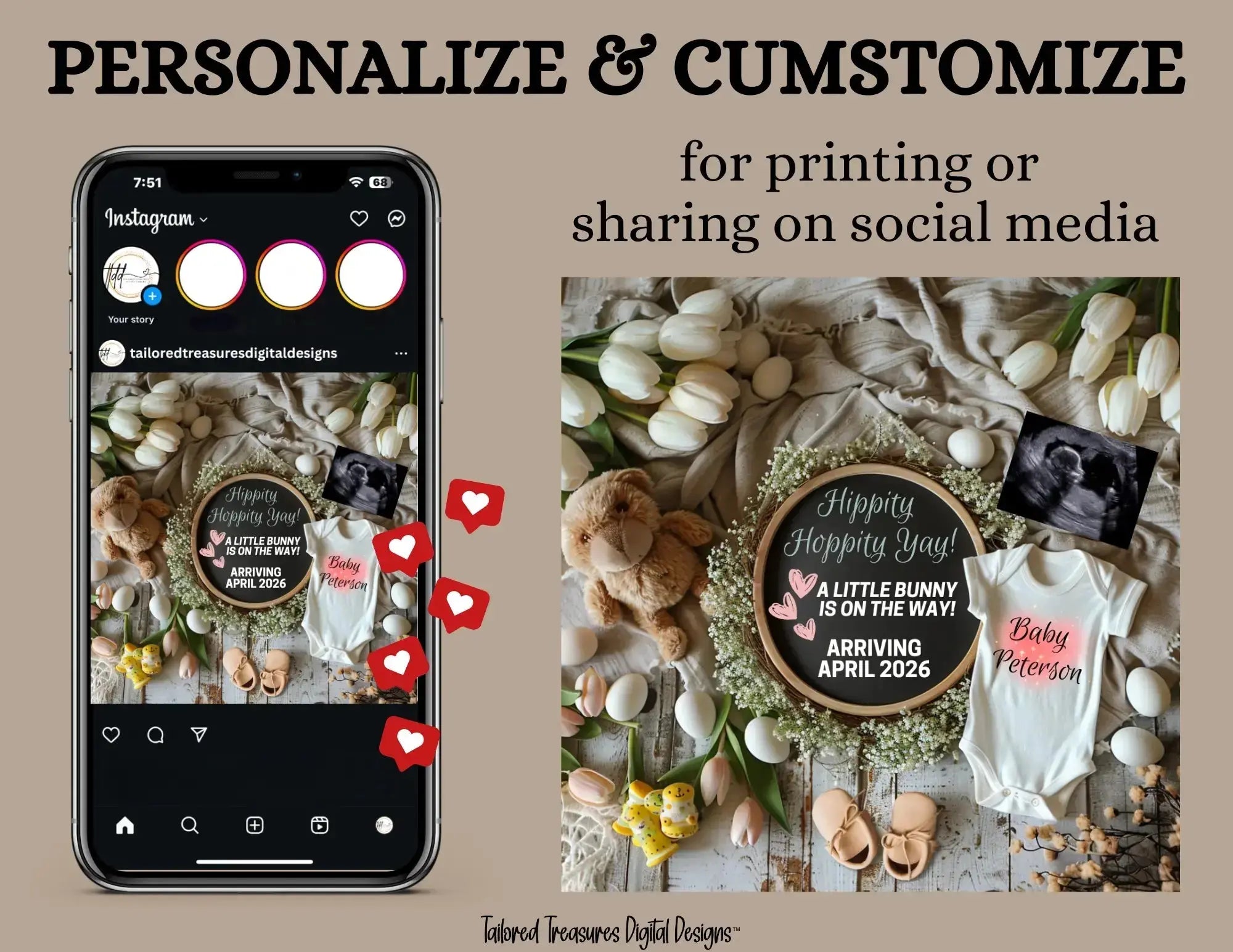 Digital Easter Pregnancy Announcement, A Little Bunny Is On The Way, Customizable Spring Themed, Personalized Editable Template TailoredTreasuresDigitalDesigns™