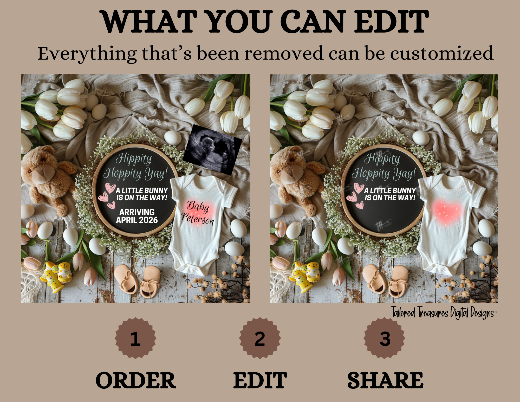 Digital Easter Pregnancy Announcement, A Little Bunny Is On The Way, Customizable Spring Themed, Personalized Editable Template TailoredTreasuresDigitalDesigns™