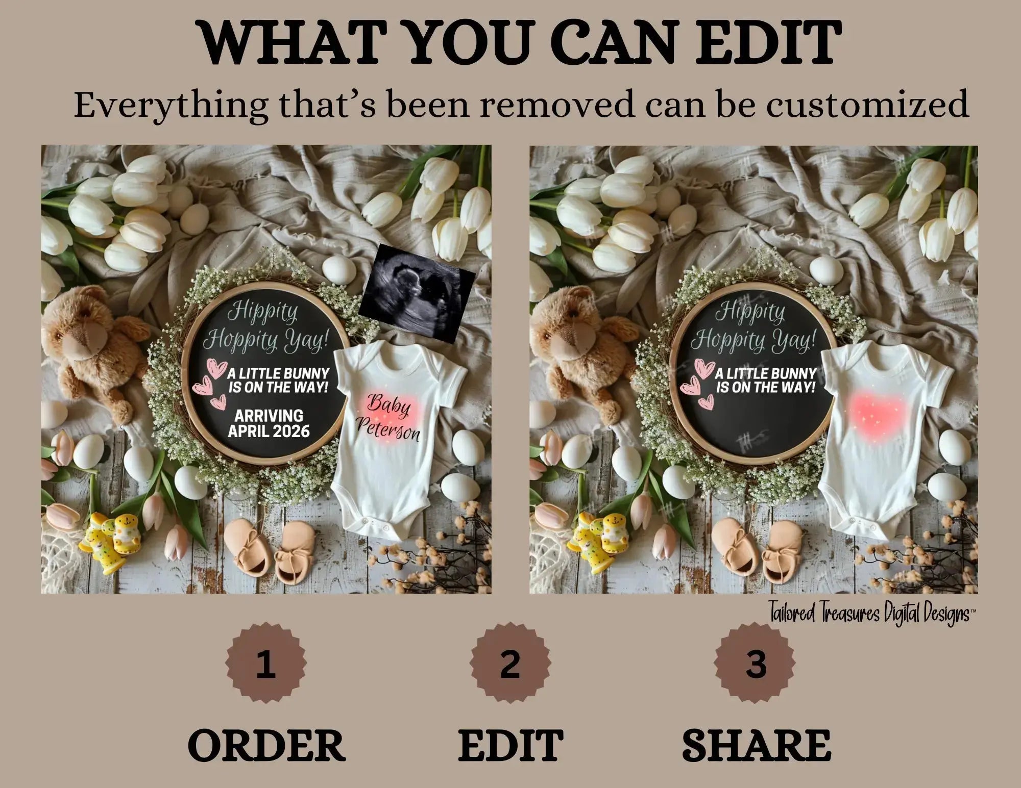Digital Easter Pregnancy Announcement, A Little Bunny Is On The Way, Customizable Spring Themed, Personalized Editable Template TailoredTreasuresDigitalDesigns™