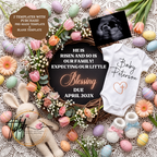 Easter Christian Pregnancy Announcement, He Is Risen And So Is Our Family, Spring Baby Reveal, Personalized Editable Canva Template