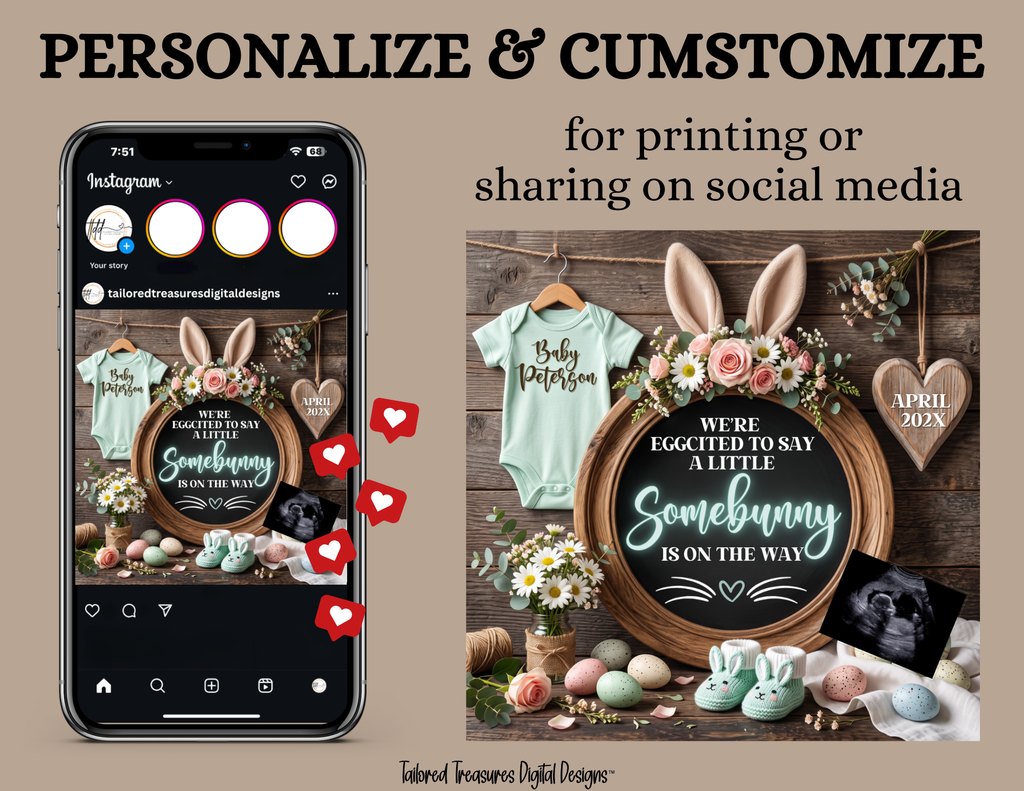 Somebunny Is On The Way, Easter Digital Pregnancy Announcement, Gender Neutral, Customizable Spring Themed, Canva Instant Download Editable Template TailoredTreasuresDigitalDesigns™