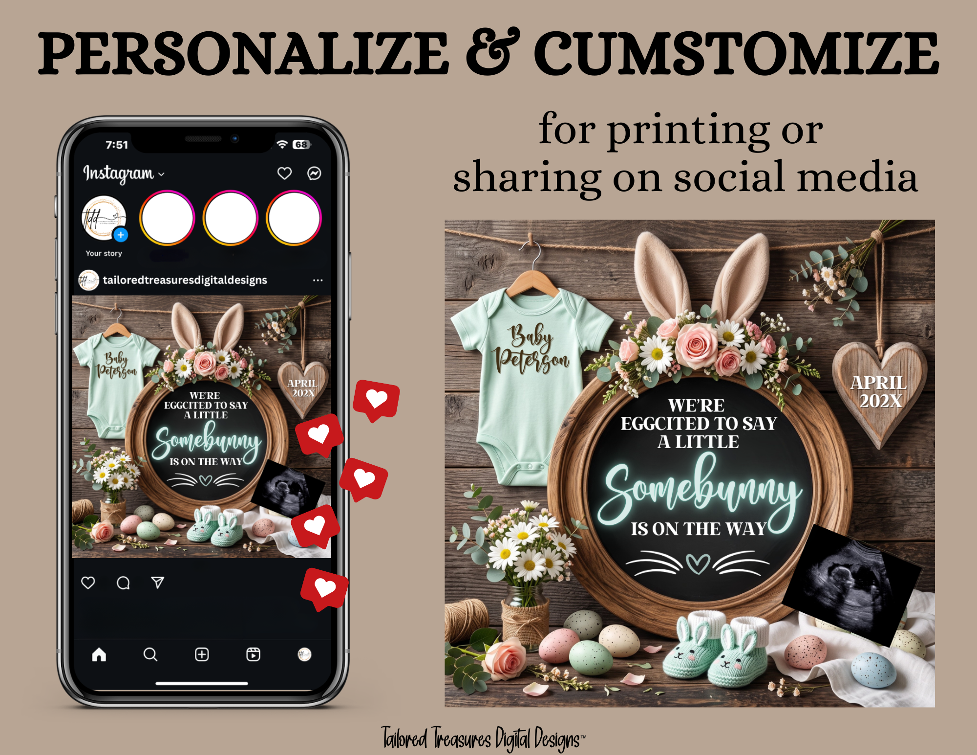 Somebunny Is On The Way, Easter Digital Pregnancy Announcement, Gender Neutral, Customizable Spring Themed, Canva Instant Download Editable Template TailoredTreasuresDigitalDesigns™