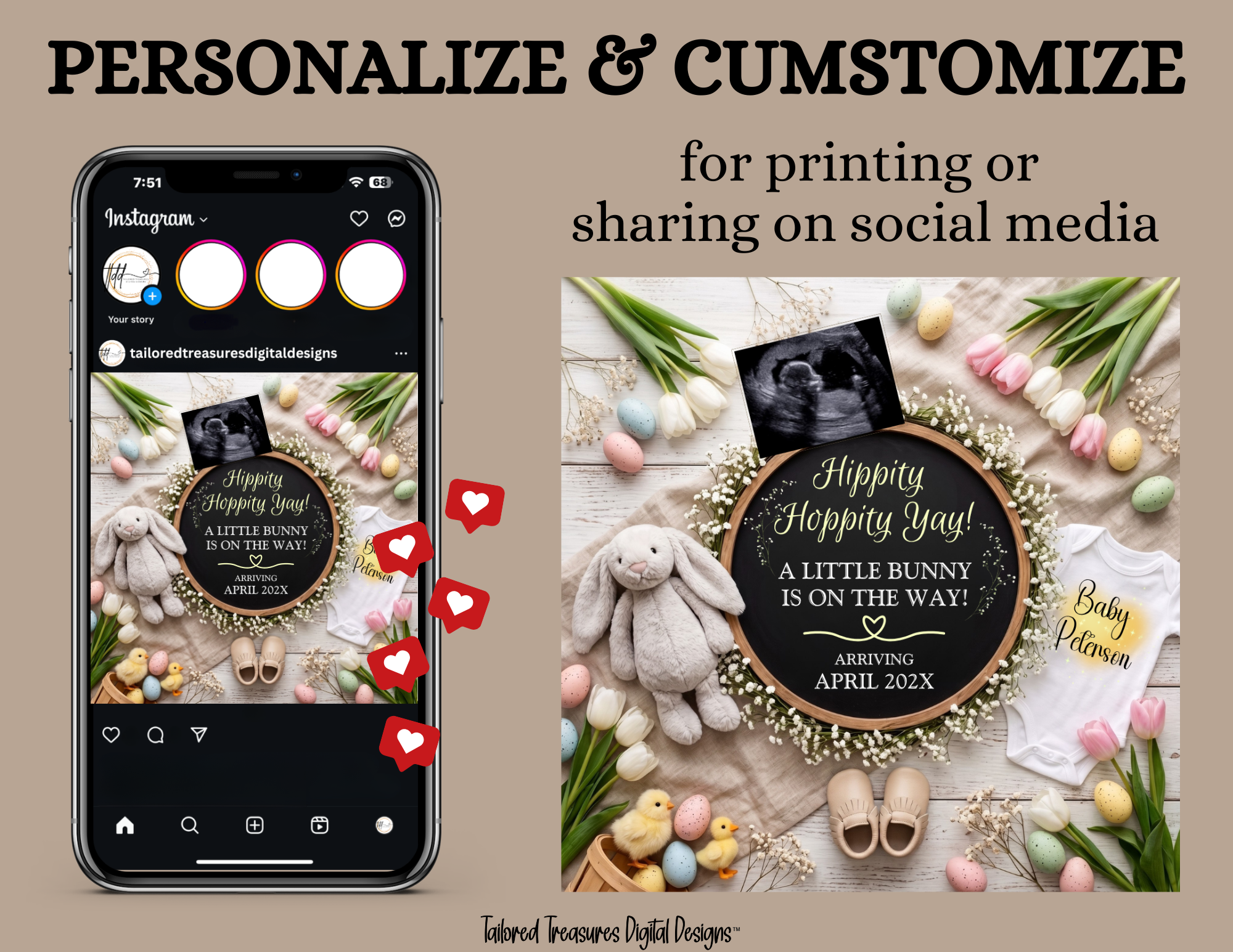 Spring Bunny Baby Reveal Digital Editable Template, Easter Canva Instant Download TailoredTreasuresDigitalDesigns™
