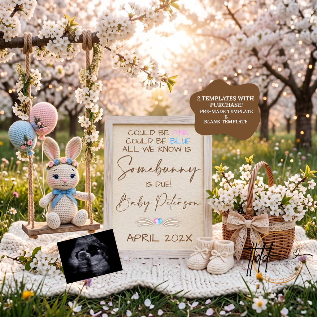 Somebunny is Due, Easter Digital Pregnancy Announcement, Gender Neutral, Customizable Spring Themed, Canva Instant Download Editable Template TailoredTreasuresDigitalDesigns™