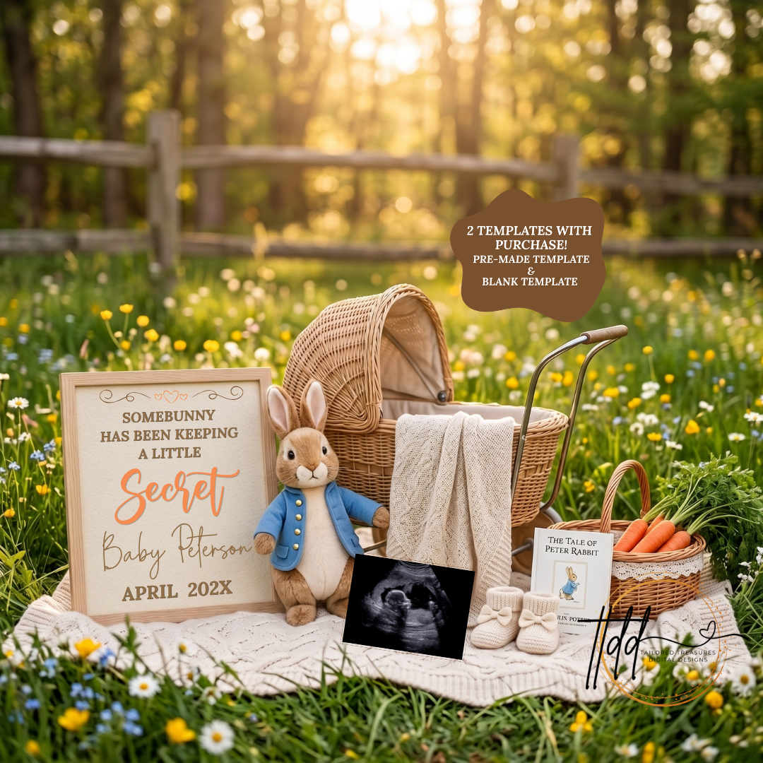 Somebunny Has Been Keeping A Secret, Easter Digital Pregnancy Announcement, Gender Neutral, Customizable Spring Themed, Canva Instant Download Editable Template TailoredTreasuresDigitalDesigns™