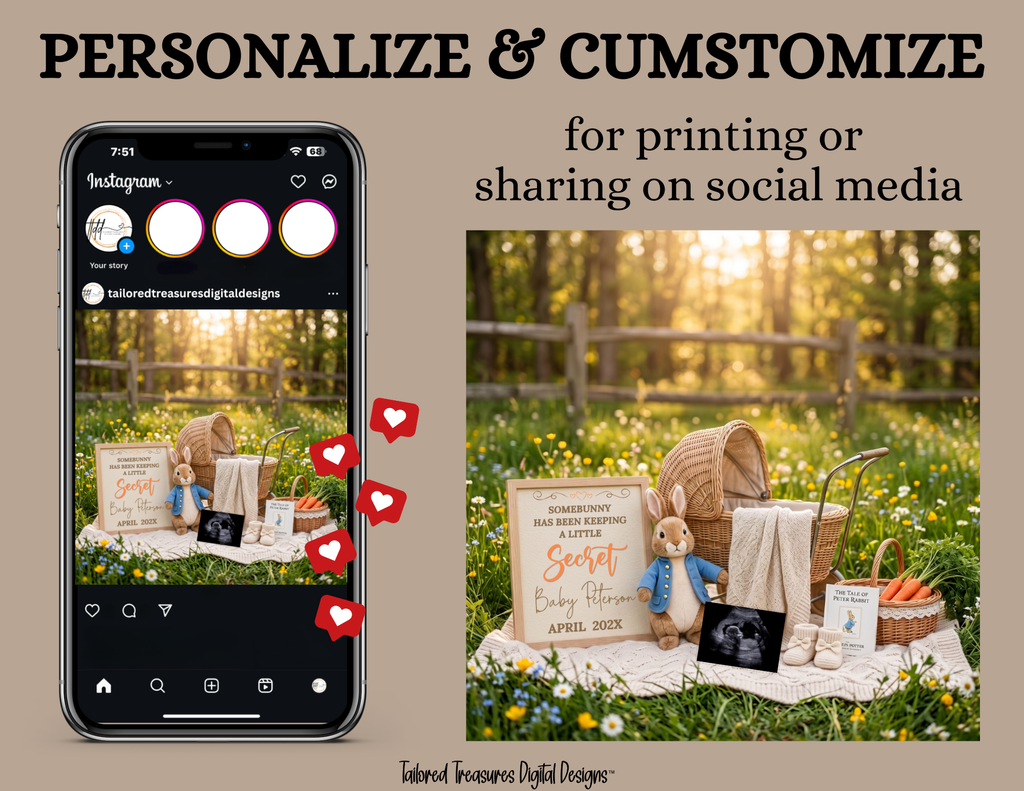 Somebunny Has Been Keeping A Secret, Easter Digital Pregnancy Announcement, Gender Neutral, Customizable Spring Themed, Canva Instant Download Editable Template TailoredTreasuresDigitalDesigns™