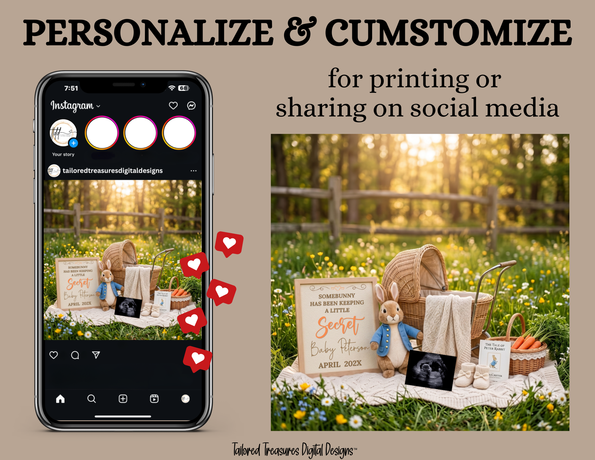 Somebunny Has Been Keeping A Secret, Easter Digital Pregnancy Announcement, Gender Neutral, Customizable Spring Themed, Canva Instant Download Editable Template TailoredTreasuresDigitalDesigns™