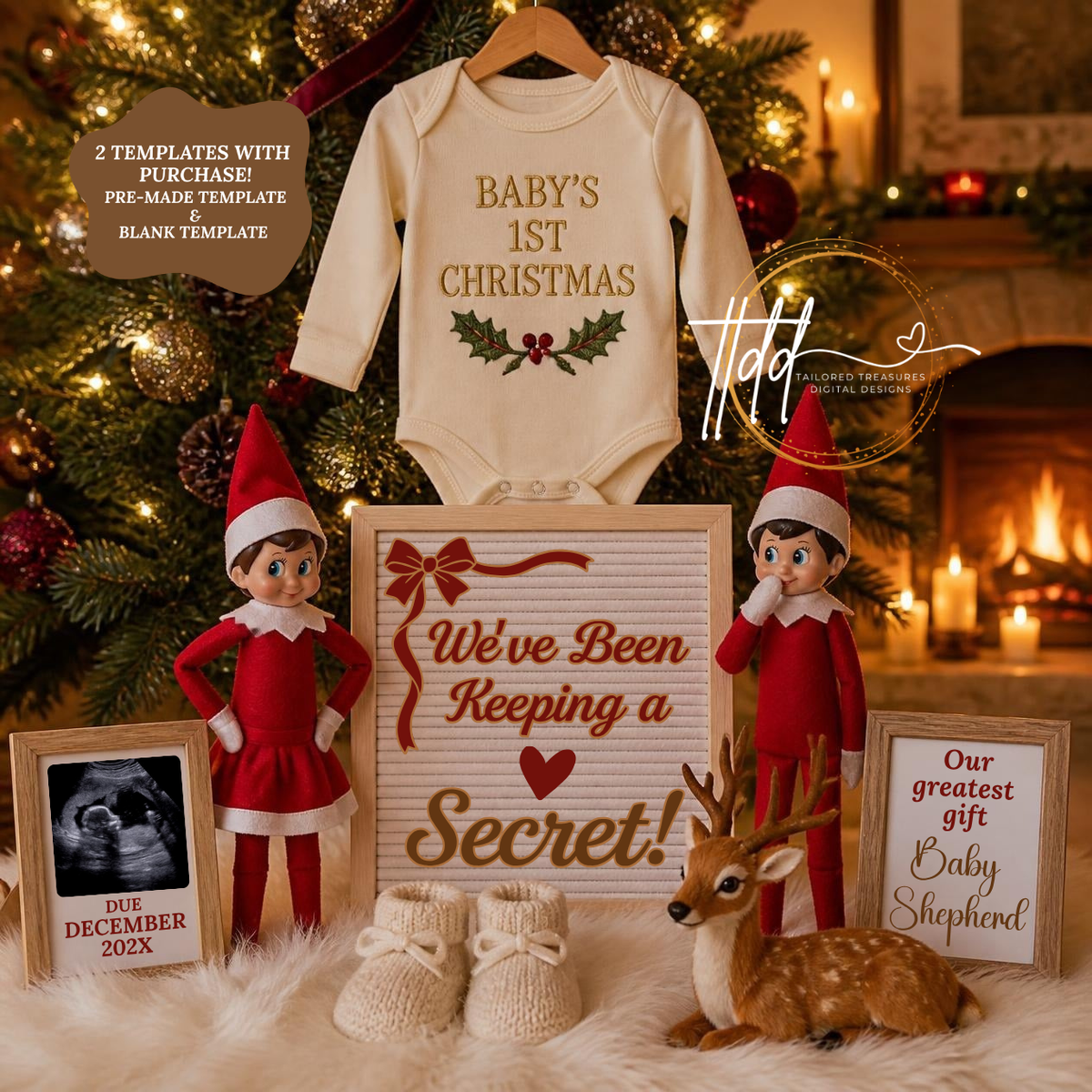 Christmas Elf Pregnancy Announcement Template | Keeping a Secret | Editable Canva Download