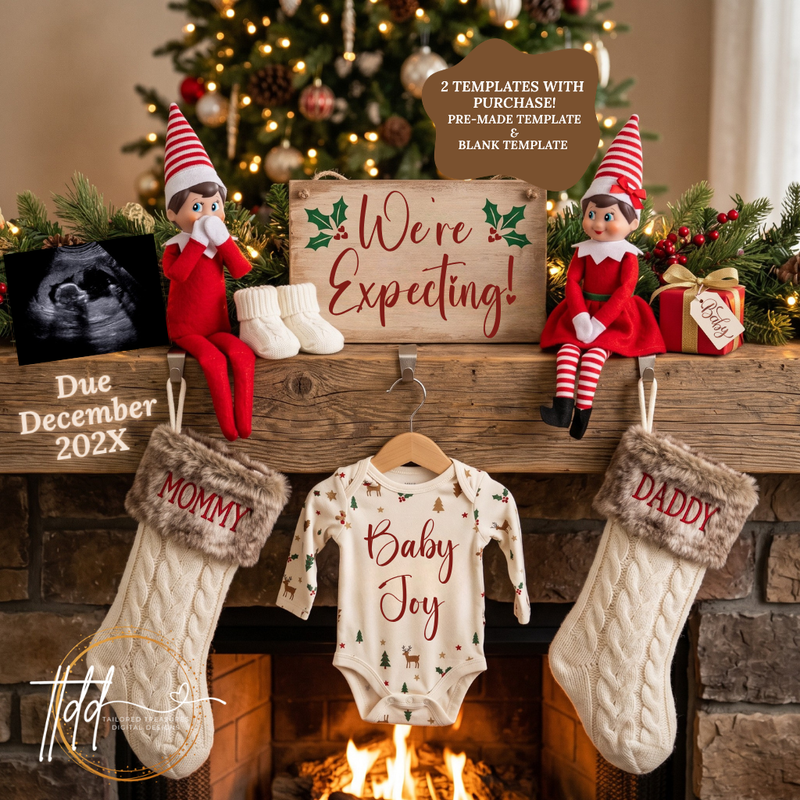 Christmas Elf Pregnancy Announcement Template | We’re Expecting | Editable Canva Download