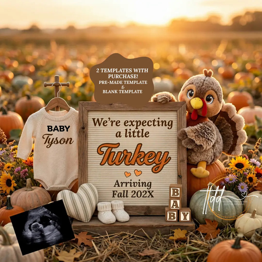 Expecting A Little Turkey, Fall Turkey Digital Pregnancy Announcement, Autumn Boho Themed, Instant Download Template TrendyCustomApparel™