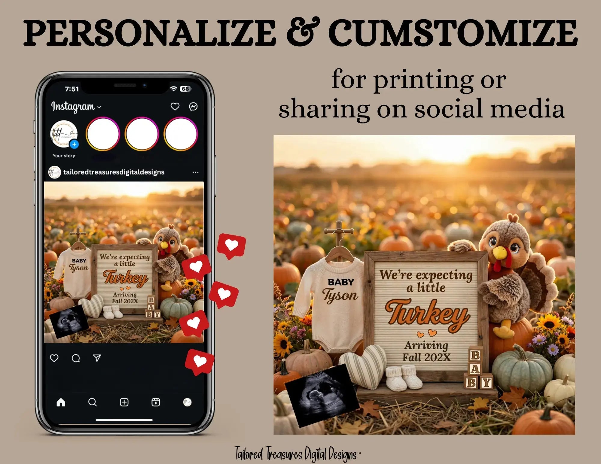Expecting A Little Turkey, Fall Turkey Digital Pregnancy Announcement, Autumn Boho Themed, Instant Download Template TrendyCustomApparel™