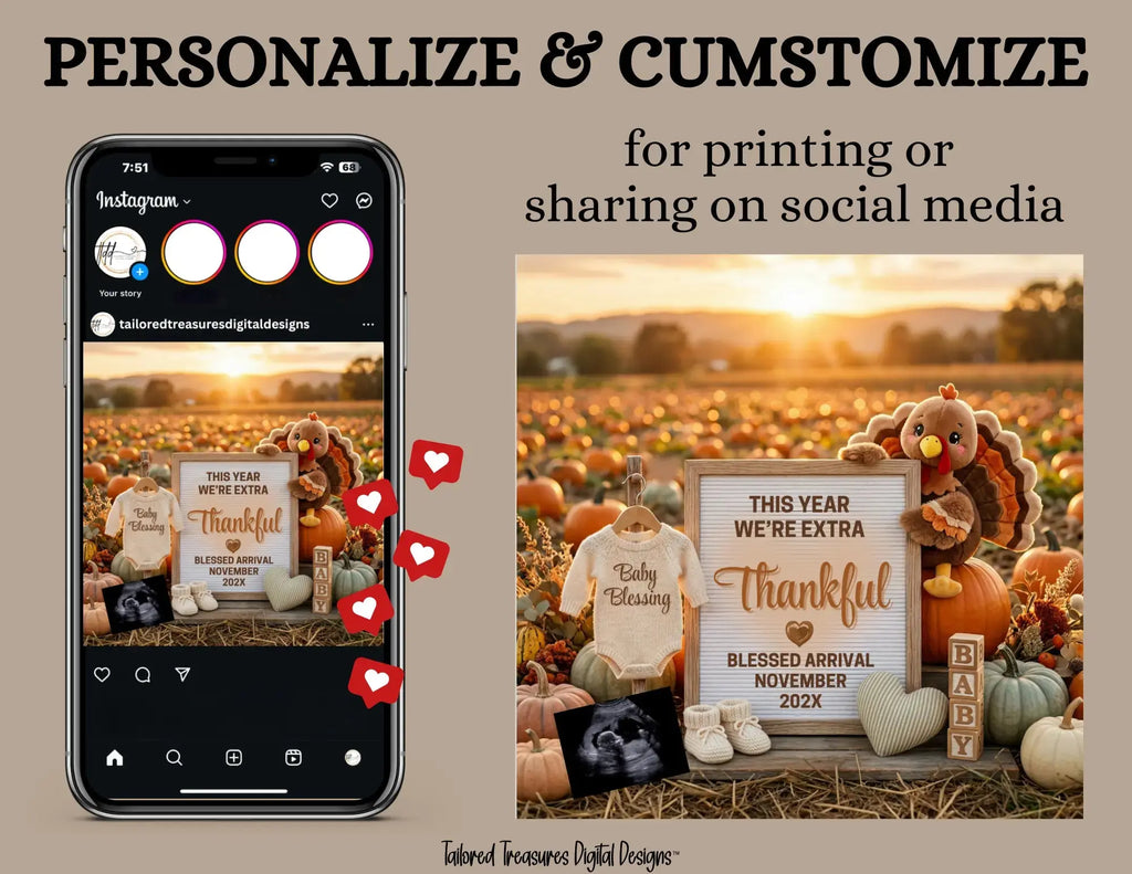 This Year We’re Extra Thankful Pregnancy Reveal, Fall Thankful Digital Pregnancy Announcement, Autumn Turkey Themed Template TrendyCustomApparel™