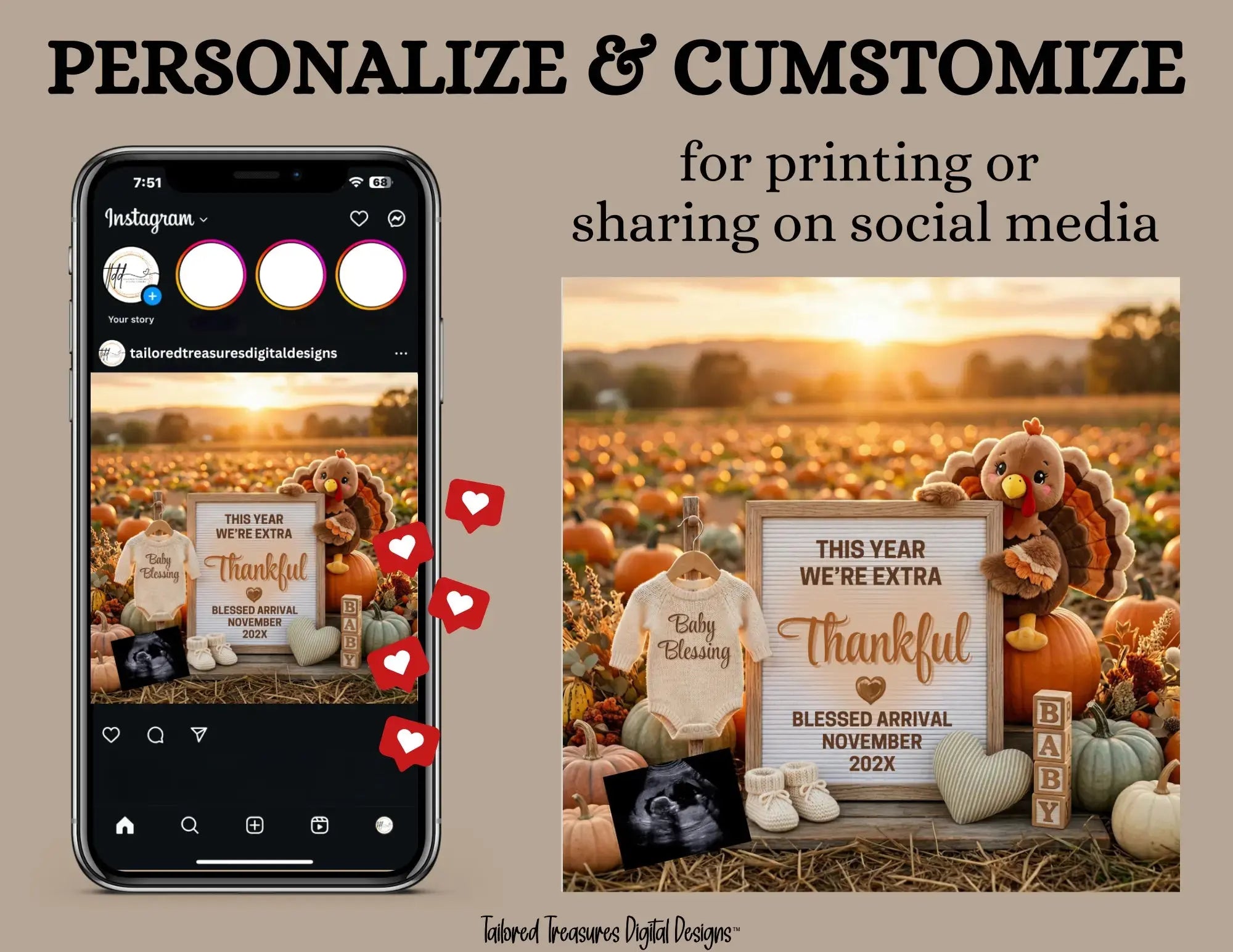 This Year We’re Extra Thankful Pregnancy Reveal, Fall Thankful Digital Pregnancy Announcement, Autumn Turkey Themed Template TrendyCustomApparel™