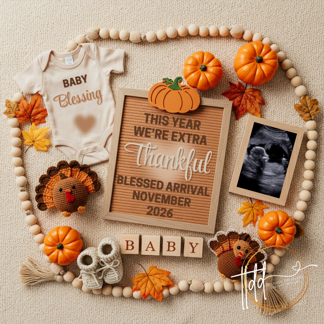 Digital Pregnancy Announcement, Thankful Pregnancy Reveal, Customizable Fall Themed, Personalized Editable Template TailoredTreasuresDigitalDesigns™