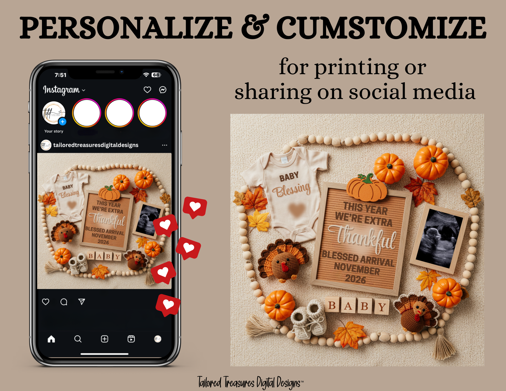Digital Pregnancy Announcement, Thankful Pregnancy Reveal, Customizable Fall Themed, Personalized Editable Template TailoredTreasuresDigitalDesigns™