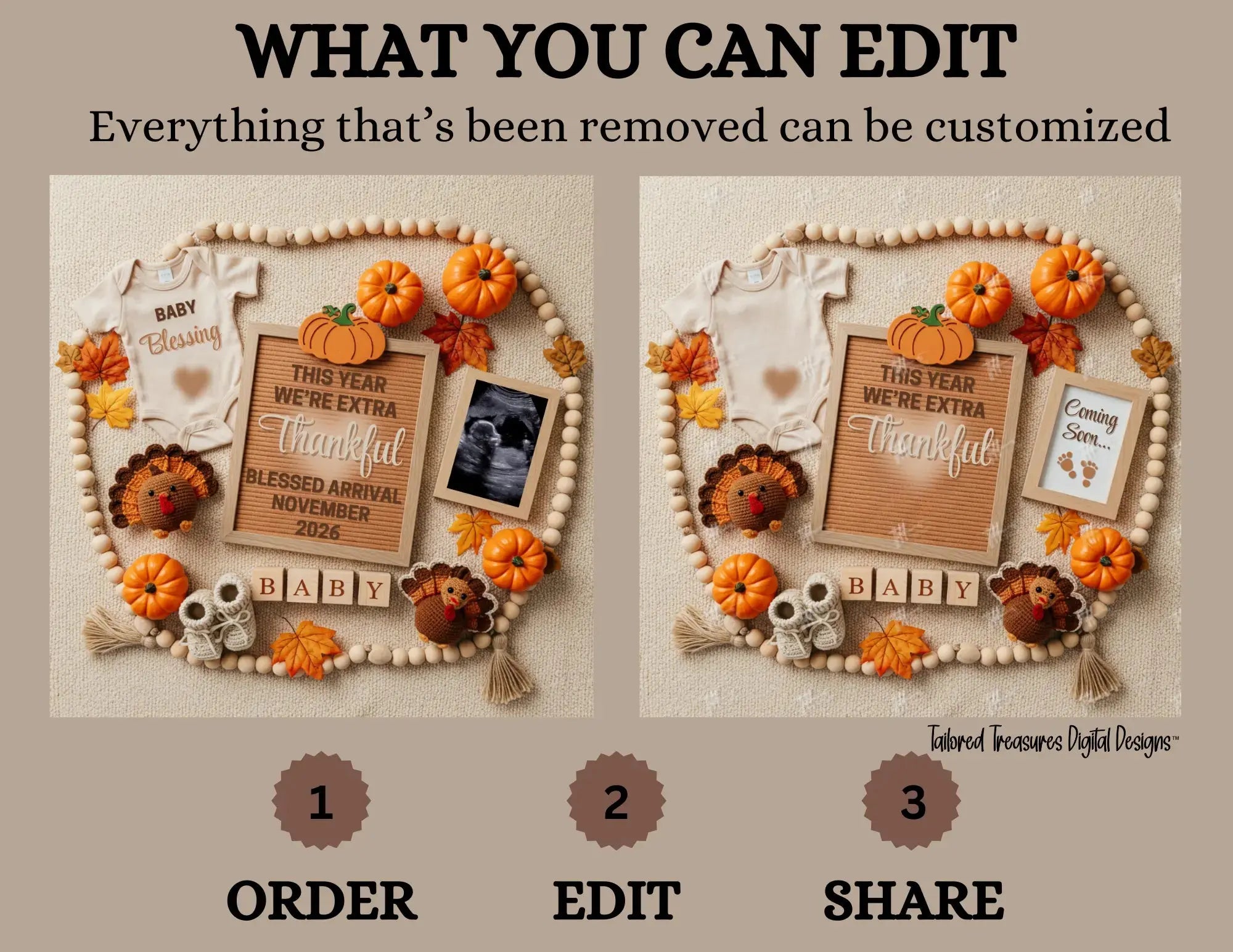 Digital Pregnancy Announcement, Thankful Pregnancy Reveal, Customizable Fall Themed, Personalized Editable Template TailoredTreasuresDigitalDesigns™