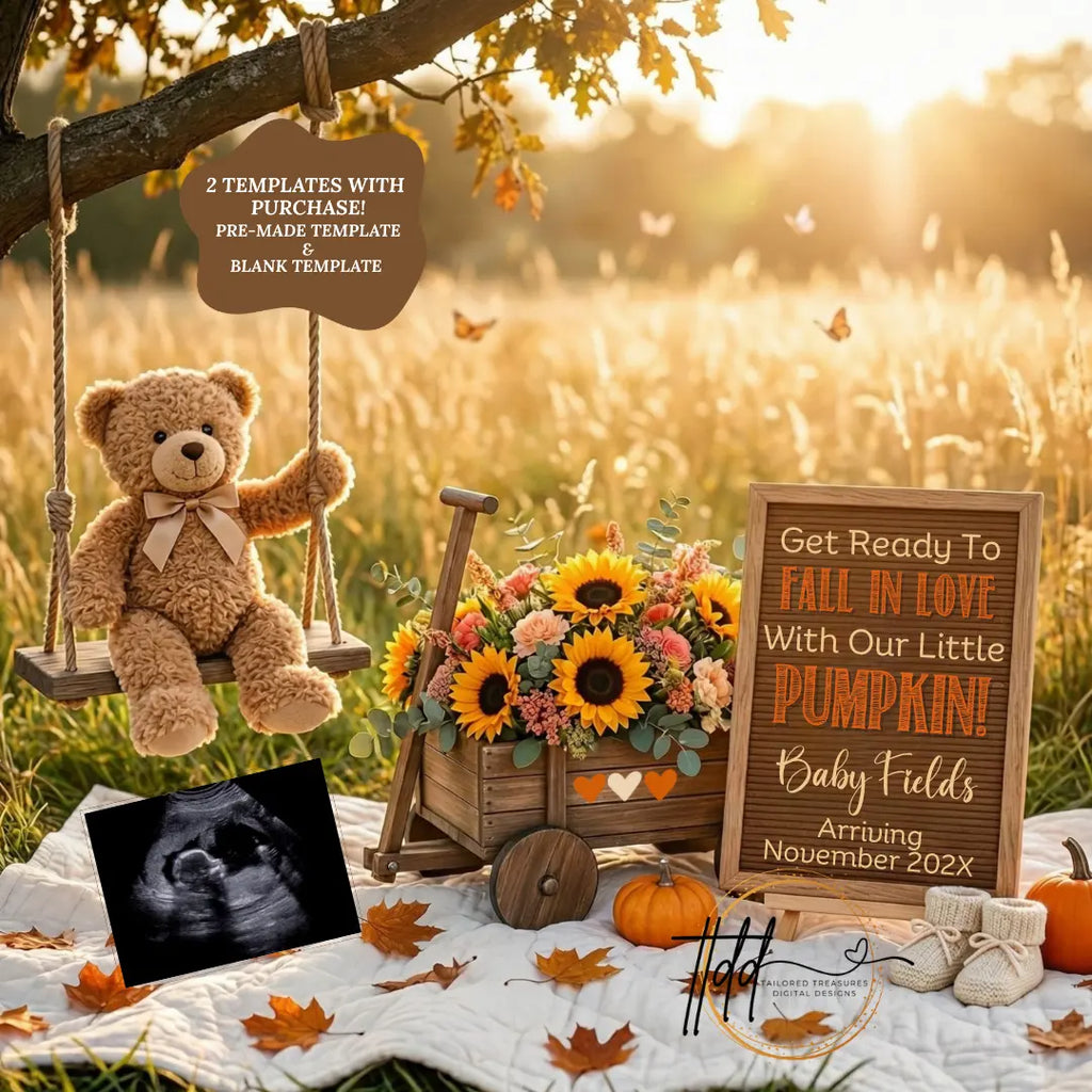 Get Ready to Fall in Love, Fall Pumpkin Digital Pregnancy Announcement, Customizable Autumn Instant Download Template TrendyCustomApparel™