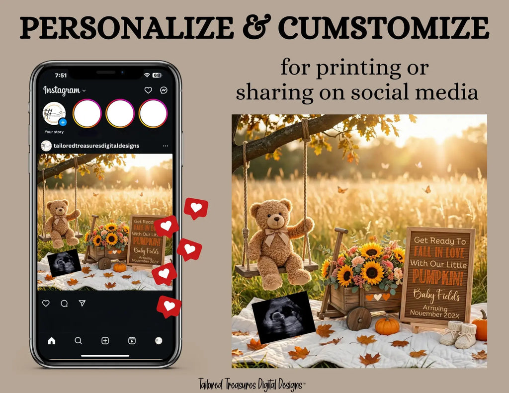 Get Ready to Fall in Love, Fall Pumpkin Digital Pregnancy Announcement, Customizable Autumn Instant Download Template TrendyCustomApparel™