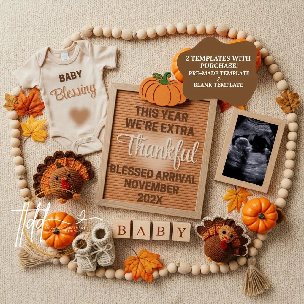 Digital Pregnancy Announcement, Thankful Pregnancy Reveal, Customizable Fall Themed, Personalized Editable Template TailoredTreasuresDigitalDesigns™
